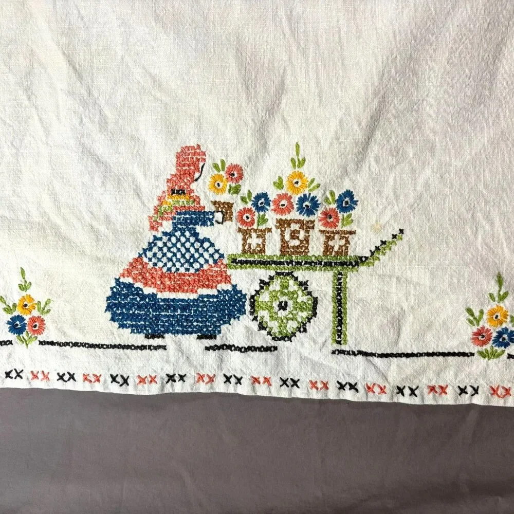 Vintage Hand-Embroidered Cross-Stitch Mexican Folk Art Tablecloth